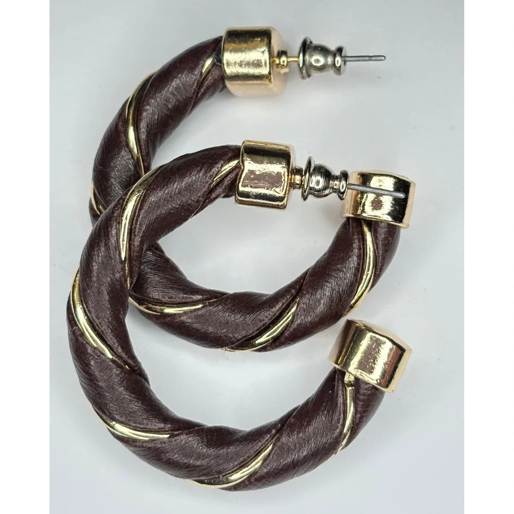 Vintage Dark Brown Faux Leather Gold Tone Twisted Hoop Earrings Post Back